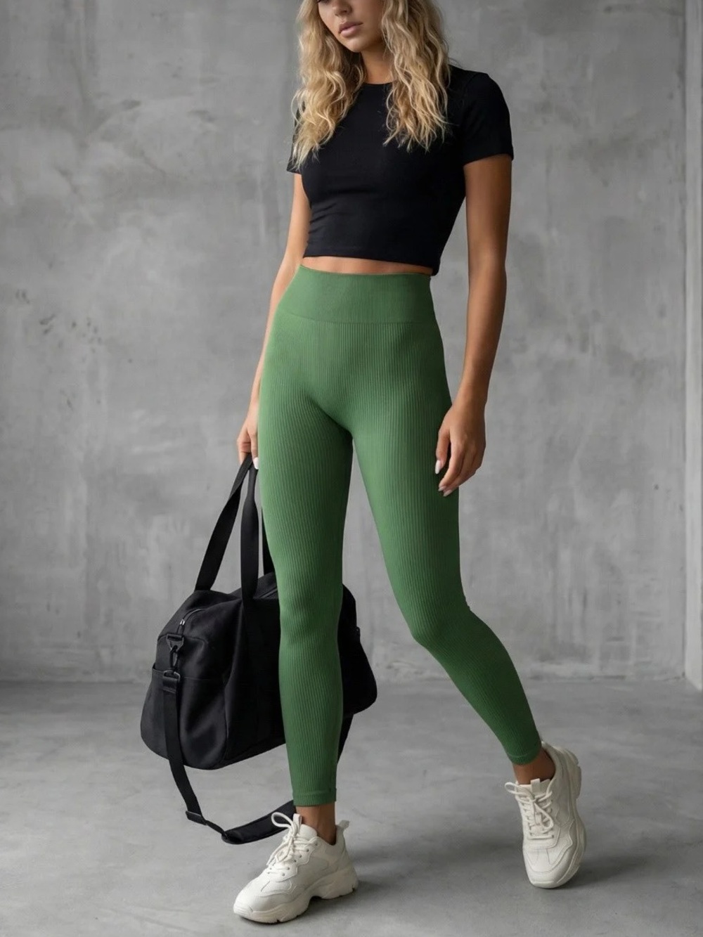 Green Ribbed Stretch Athletic Leggings